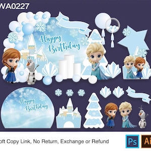 Puede incluir: Un set de decoraci&oacute;n de fiesta digital etiquetado WA0227 con los personajes de dibujos animados Anna, Elsa y Olaf. Incluye un fondo de Happy Birthday, recortes de copos de nieve, castillos, pinos y racimos de globos azules y blancos.