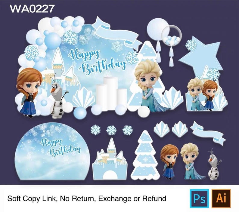 Puede incluir: Un set de decoraci&oacute;n de fiesta digital etiquetado WA0227 con los personajes de dibujos animados Anna, Elsa y Olaf. Incluye un fondo de Happy Birthday, recortes de copos de nieve, castillos, pinos y racimos de globos azules y blancos.