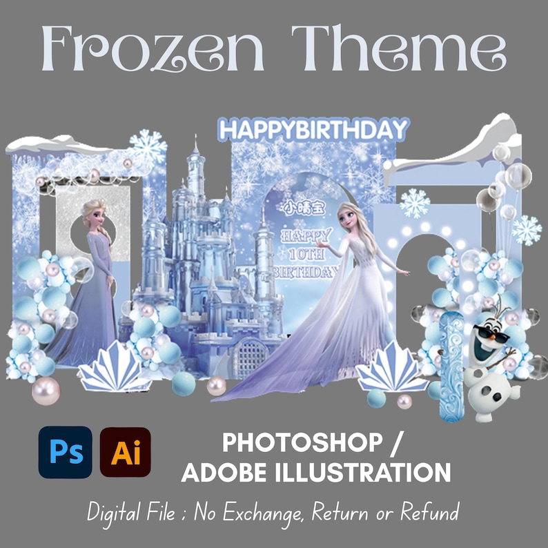 May include: A digital graphic design set featuring a Frozen theme with illustrations of Elsa, a castle, and Olaf. The text includes Frozen Theme, HAPPYBIRTHDAY, and Happy 10th Birthday. Includes Photoshop and Adobe Illustration icons on a gray background.