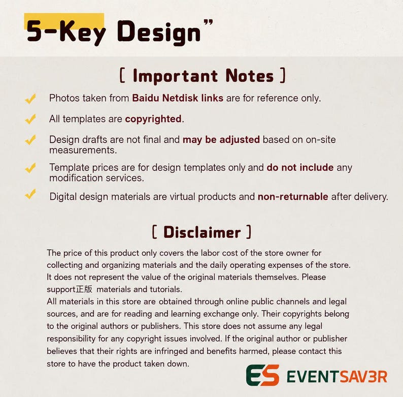 May include: A graphic with the text "5-Key Design" in black and yellow. The image includes "Important Notes" and "Disclaimer" sections with bullet points about design templates and copyright information. The EventSav3r logo is at the bottom.