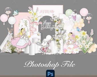 Plantilla de decoración con temática de Alicia en el País de las Maravillas para fondo (archivo Photoshop)