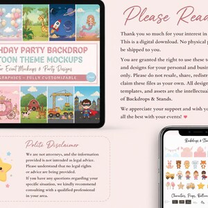 May include: A digital display showing birthday party backdrop cartoon theme mockups with various scenes like castles, space, and farms. A smartphone screen displays character and prop icons. Text includes Please Read, Polite Disclaimer, and more.