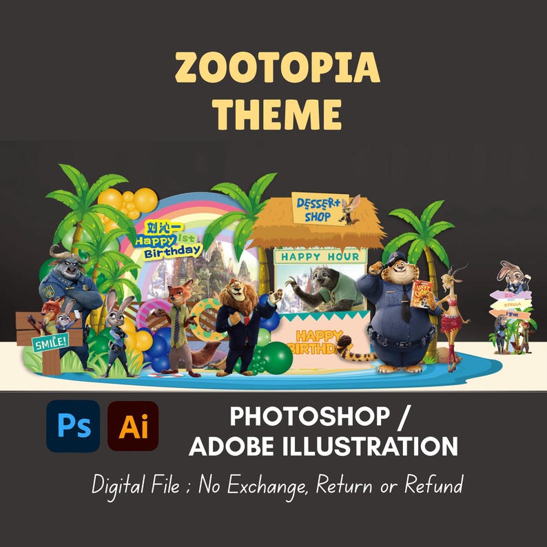 May include: A Zootopia theme digital graphic featuring characters like Judy Hopps, Nick Wilde, and Flash in a tropical setting with palm trees, a dessert shop, and birthday signage. The text includes ZOOTOPIA THEME, HAPPY BIRTHDAY, and DESSERT SHOP.