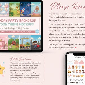 May include: A digital display showing birthday party backdrop cartoon theme mockups with various scenes like castles, space, and farms. A smartphone screen displays character and prop icons. Text includes Please Read, Polite Disclaimer, and more.