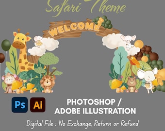 Plantilla de decoración con temática de animales de safari para fondo (archivo de Photoshop y Adobe Illustrator)