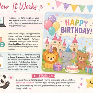 May include: An instructional graphic titled How It Works detailing digital file access steps with icons for a laptop, shopping bag, and text file. Beside it, a cartoon birthday scene features a castle, balloons, and animals with a cake.