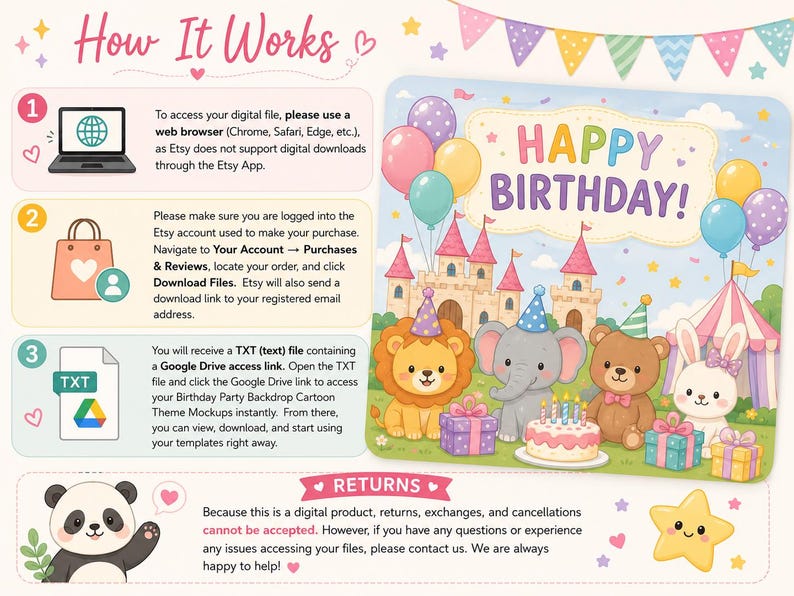 May include: An instructional graphic titled How It Works detailing digital file access steps with icons for a laptop, shopping bag, and text file. Beside it, a cartoon birthday scene features a castle, balloons, and animals with a cake.