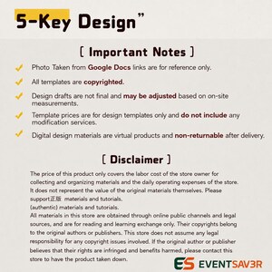 Puede incluir: Un gr&aacute;fico de informaci&oacute;n digital titulado 5-Key Design que presenta notas importantes y un descargo de responsabilidad. El texto describe las pol&iacute;ticas relativas a plantillas protegidas por derechos de autor y avisos legales.