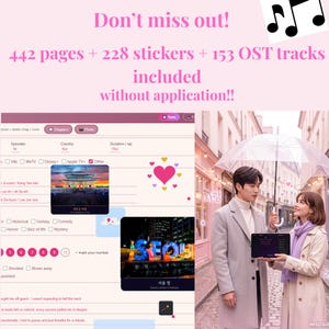 May include: A digital planner interface featuring 442 pages, 228 stickers, and 153 OST tracks. The layout includes checkboxes for episodes, country, and genre, alongside a photo of a couple under an umbrella and a Seoul festival image.