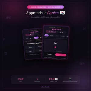 Peut inclure: Une interface numérique pour une application d'apprentissage du coréen intitulée Apprends le Coréen. L'affichage sombre présente deux écrans superposés montrant des quiz de vocabulaire, des caractères coréens et des traductions en français.