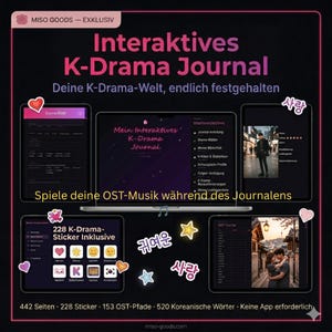 May include: A digital interactive K-Drama journal displayed on a laptop and tablets, featuring 442 pages, 228 stickers, 153 OST tracks, and 520 Korean words. The interface includes sections for drama reviews, actor profiles, and episode tracking.