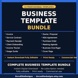 May include: A digital business template bundle featuring 12 professional templates including invoice, service contract, payment receipt, client onboarding, income tracker, usage guide, quote, NDA, purchase order, meeting agenda, one-pager, and cover page.