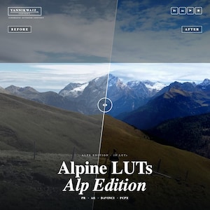 Puede incluir: Una imagen comparativa de pantalla dividida que muestra un paisaje montañoso antes y después de la corrección de color. El texto dice YANNIKWAIZ_CONTENT, BEFORE, AFTER, ALPS EDITION 10 LUTs, Alpine LUTs Alp Edition, PR, AE, DAVINCI, FCPX e iconos.