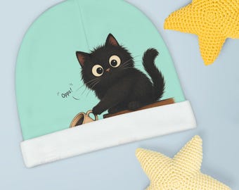 黒子猫がコーヒーをこぼすベビービーニー | かわいい猫のイラスト
