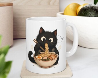 Cute Black Cat with Coffee Mug Mug | Ceramic Coffee Cup, Cat Lover Design