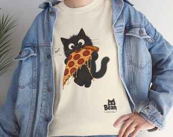 黒猫がピザを持っているTシャツ｜かわいい猫のピザイラスト