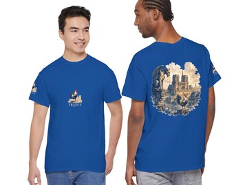 ノートルダム大聖堂のガーゴイルと雄鶏のTシャツ｜フランスの大聖堂のイラスト