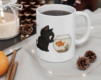 Black Cat Illustration Mug | Cute Cat and Goldfish Bowl Ceramic Mug