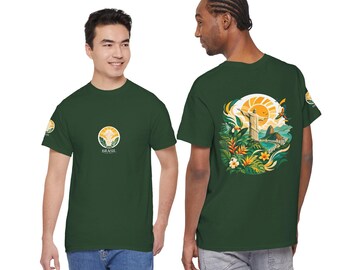 日の出灯台Tシャツ｜海岸風景イラスト、波模様、花柄アクセント