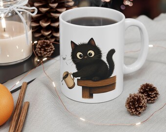 Black Cat Pouring Coffee mug | Ceramic Coffee Mug, 11oz 15oz