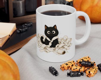 Black Cat with Autumn Leaves Mug | Ceramic Coffee Cup