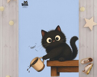 好奇心旺盛な黒子猫の幼児用ブランケット｜かわいい猫のイラスト、青い背景