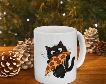Pizza Cat Illustration Mug | Cute Cat Eating Slice Ceramic Mug