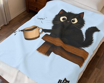 Black Kitten 'Oops!' Illustration Velveteen Plush Blanket | Cute Cat Throw