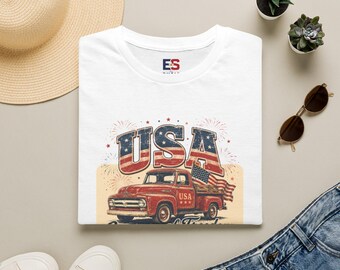 USA Vintage Pickup Truck T-Shirt | Patriotic American Flag Design
