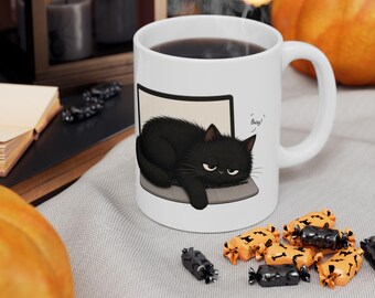Black Cat Illustration Mug | Cute Cat Face Ceramic Mug
