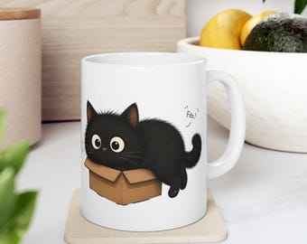 Black Kitten in Box Mug | Cute Cat Illustration Ceramic Mug