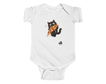 Black Cat Holding Pizza Infant Bodysuit | Cute Kitten Pizza Onesie