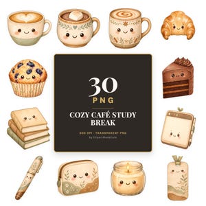 May include: A collection of digital illustrations featuring cute, anthropomorphic cafe items including coffee mugs, a croissant, a blueberry muffin, a slice of chocolate cake, books, a tablet, a pen, a pouch, a candle, and a tag with text 30 PNG COZY CAFÉ STUDY BREAK.