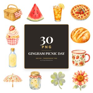 Peut inclure: Une collection de 30 illustrations à l'aquarelle comprenant un panier de pique-nique, une tranche de pastèque, un thé glacé, une tarte aux fruits, un cupcake à la fraise, un pain, une bouteille de limonade, un mug fraise, une ombrelle, un bocal.