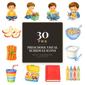 Peut inclure: Une collection de 30 icônes PNG pour emploi du temps préscolaire illustrant un enfant dans diverses activités, des tranches de pomme, un bol de céréales avec une cuillère, des bâtonnets de carotte, un yaourt, un gobelet rayé, une boîte à lunch, un livre et des crayons.