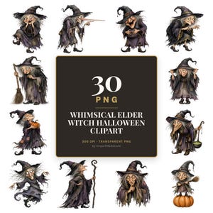 Könnte beinhalten: Eine Sammlung von 30 digitalen Illustrationen alter Hexen in zerlumpten violetten und schwarzen Gewändern und spitzen Hüten, in verschiedenen Posen mit Besen, Kürbissen und Kesseln, sowie dem Text 30 PNG WHIMSICAL ELDER WITCH HALLOWEEN CLIPART.