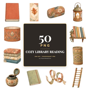 Peut inclure: Une collection numérique de 50 fichiers PNG intitulée Cozy Library Reading, présentant des illustrations de livres, une lanterne, une étagère, une pile de couvertures, un tapis à motifs, un encrier, un ruban et une échelle aux tons automnaux.