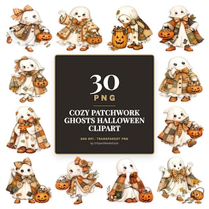 Clipart aquarelle de fantômes patchwork | 30 PNG transparents