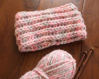 Hand Knit Pink & Grey Ribbed Beanie | Cozy Chunky Winter Hat | Soft Marled Knit Cap