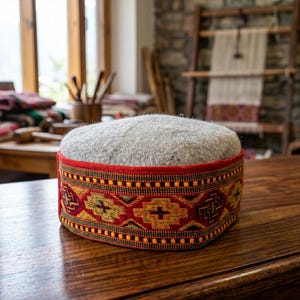 Puede incluir: Un gorro redondo de copa plana con una corona de lana gris claro texturizada y una banda roja vibrante. La banda está decorada con intrincados patrones geométricos repetitivos en tonos amarillo, naranja y marrón oscuro, creando un fuerte contraste.