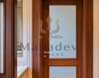 Hand Carved Solid Wood Interior Door | Floral Medallion Frame, Custom Size