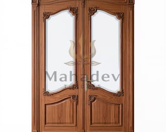 Hand Carved Solid Teak Wood Arched French Double Entry Door, Custom Size Available