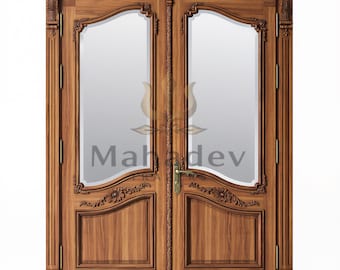 Hand Carved Teak Wood Double Entry Door | Custom French Interior Door, Floral Medallions