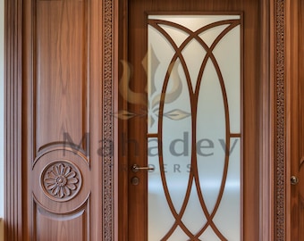 Hand Carved Solid Wood Interior Door | Floral Medallion, Frosted Glass Detail