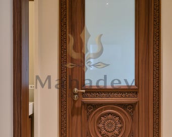 Hand Carved Solid Teak Wood Door | Floral Medallion Interior Privacy Door