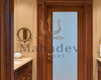 Hand Carved Solid Wood Interior Door | Floral Frame, Frosted Glass (Custom Size)