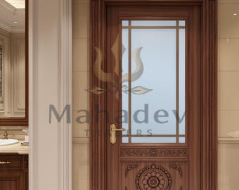 Puerta interior de madera maciza tallada a mano / Medallón floral, detalle de vidrio esmerilado