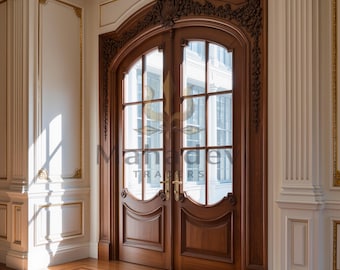 Hand-Carved Teak Arched Double Entry Door | Traditional Floral Wood Exterior Door