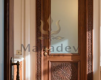 Hand Carved Solid Wood Interior Door | Floral Medallion Teak Privacy Door