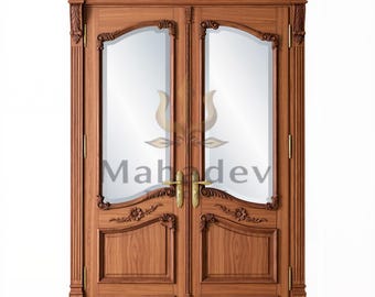 Hand Carved Solid Wood French Double Entry Door | Teak Wood, Floral Medallions, Clear Glass